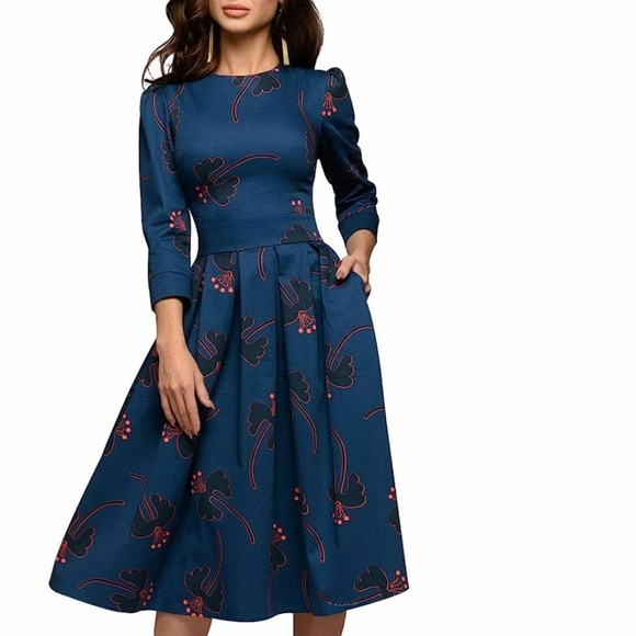 Women's Floral Evening Flare Vintage Midi Dress 3/4 Sleeve with Pockets - Picture 3 of 15